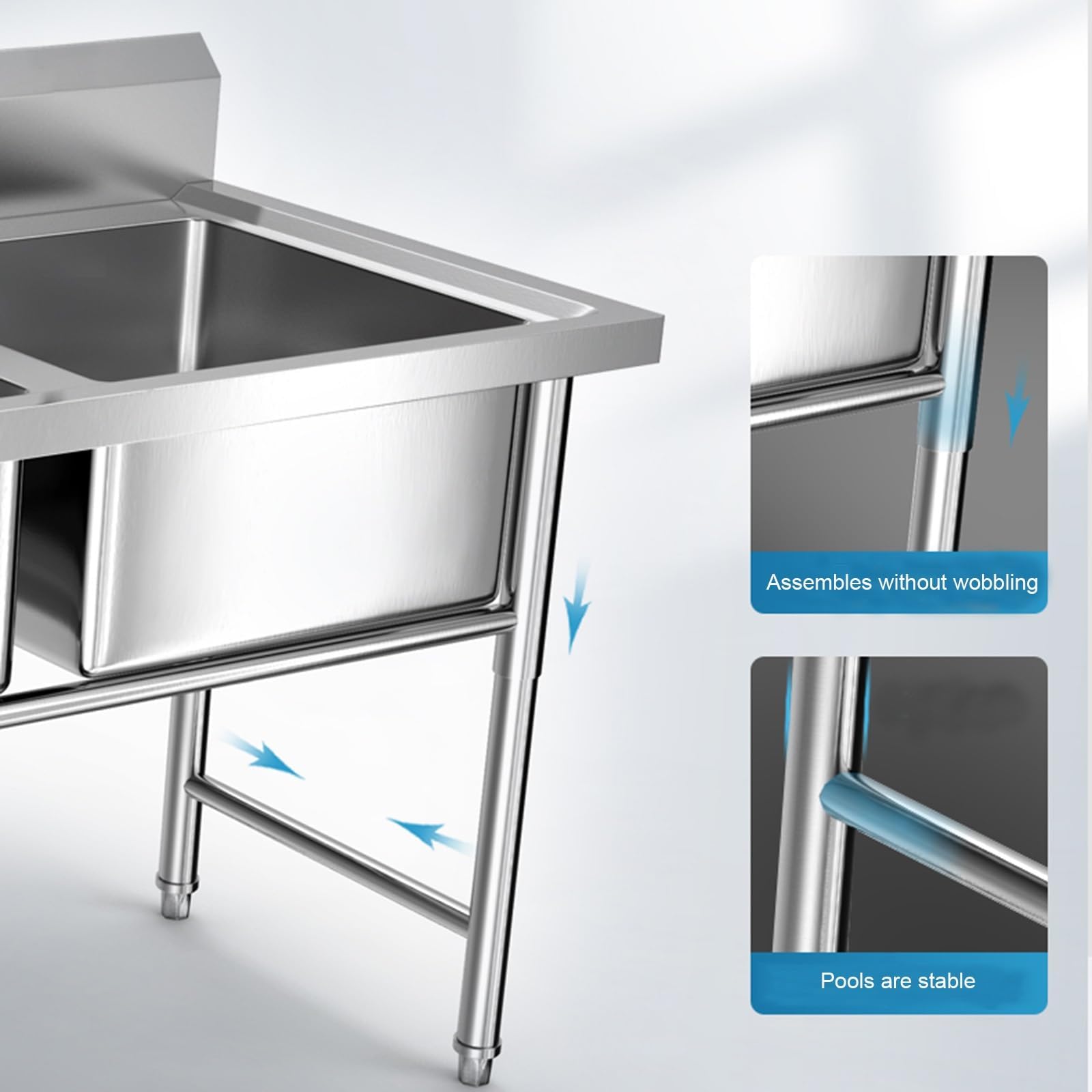 Évier autoportant triple évier commercial en acier inoxydable avec pieds réglables et dosseret surélevé pour lave-vaisselle de restaurant et usage domestique