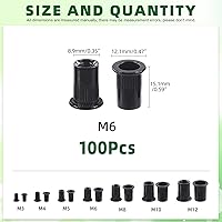 Vista 2 de Keadic 100 tuercas de remache roscadas de acero al carbono M6, tuerca de inserción roscada de cabeza plana moleteada negra cinc para muebles