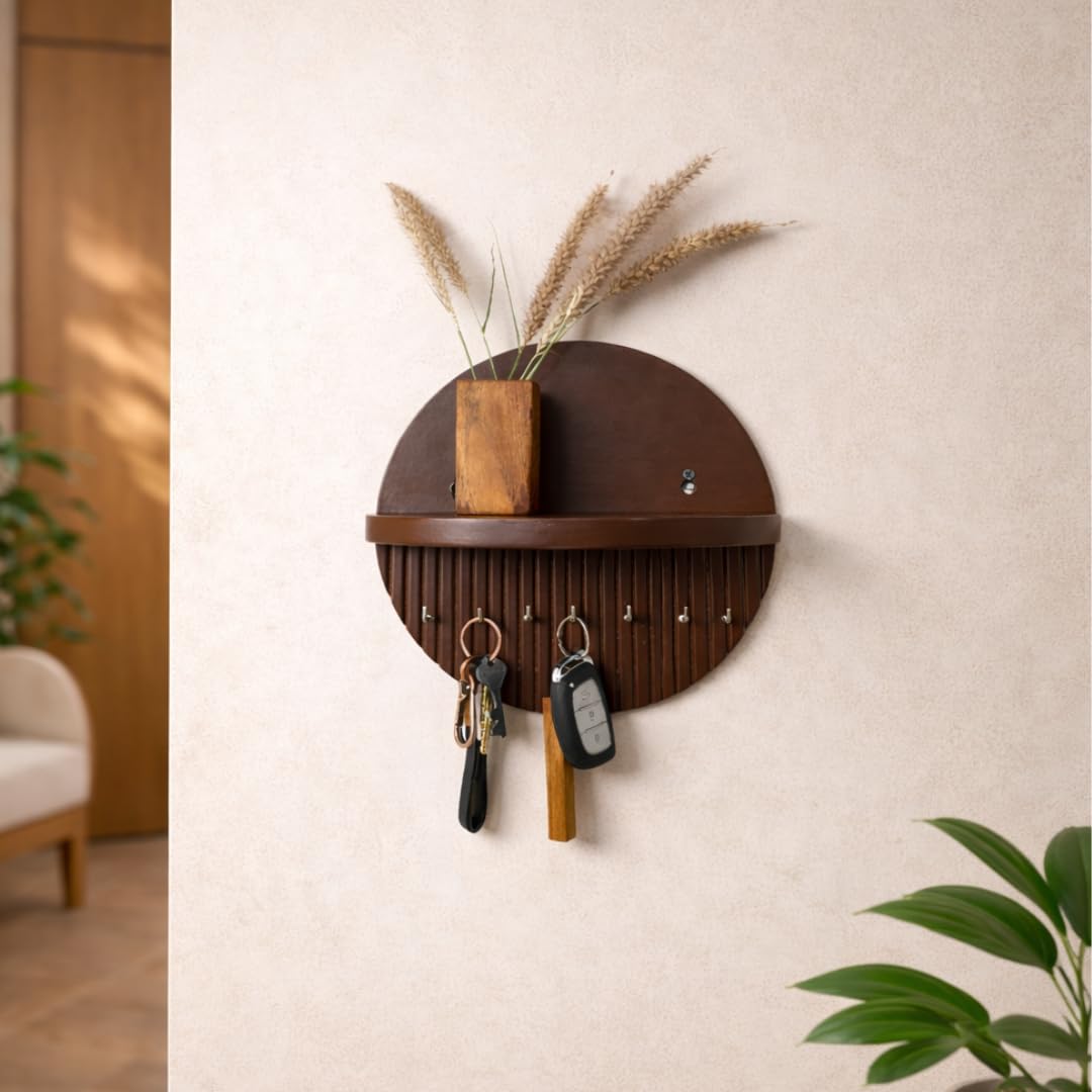 Premium Matte Finish Wooden Key Holder with 7 Hooks & Top Storage Shelf | Engineering Wood Wall Organizer for Home and Office Decor (10 x 10 x 5.25 Inch, Brown)-image-36