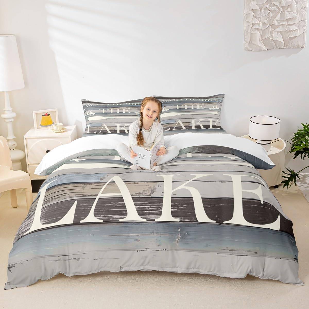 Lake House Duvet Cover Twin Size, Rustic Farmhouse Old Barn Bedding Set for Kids Teens Adults Home Room Decor,White Paddle Comforter Cover Nautical Adventure Quilt Cover 2Pcs,1 Pillowcase