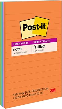 Post-it S per Yap kan  izgili Notlar, 4 Yap kan Not Defteri, 4 x 6 in , Okul Malzemeleri, Ofis  r nleri, Dikey Y zeyler, Monit rler, Duvarlar ve Pencereler i in Yap kan Notlar, Enerji Artt rma