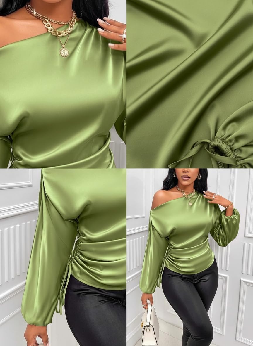Women Off Shoulder Satin Blouse Asymmetrical Tops Ruched Long Sleeve Dressy Party Shirt Elegant Cocktail Going Out Top - Image 5