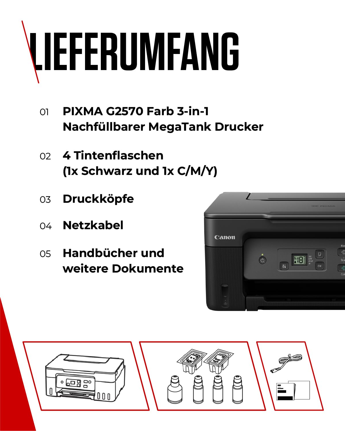 Canon PIXMA G2570 MegaTank 3in1 Multifunktionsgerät Große nachfüllbare Tintenbehälter DIN A4 (Scanner, Kopierer, Drucker, Farbtintenstrahldrucker, USB, LC Display), schwarz/grau