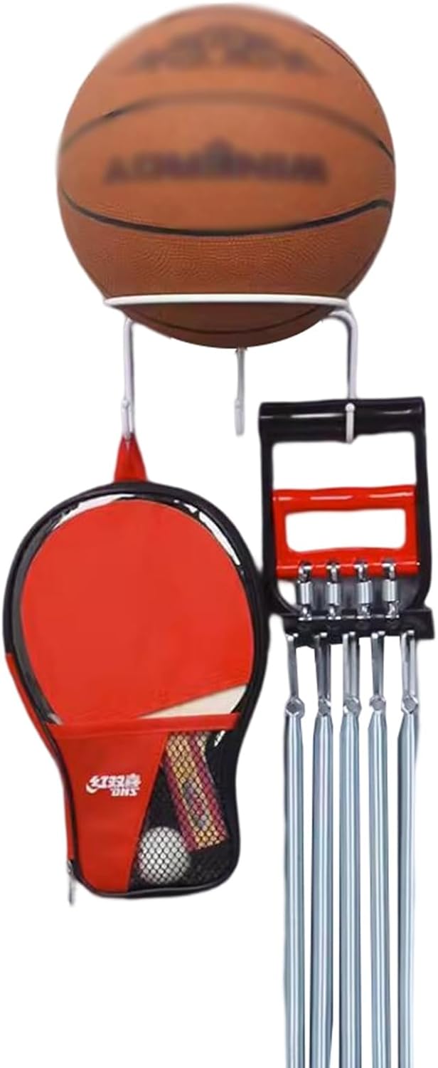 Wall-Mount Metal Ball Rack for Basketball, Volleyball & Soccer - Space-Saving Storage Holder with Hooks for Home Gym, Student Dorm, Indoor Use - White