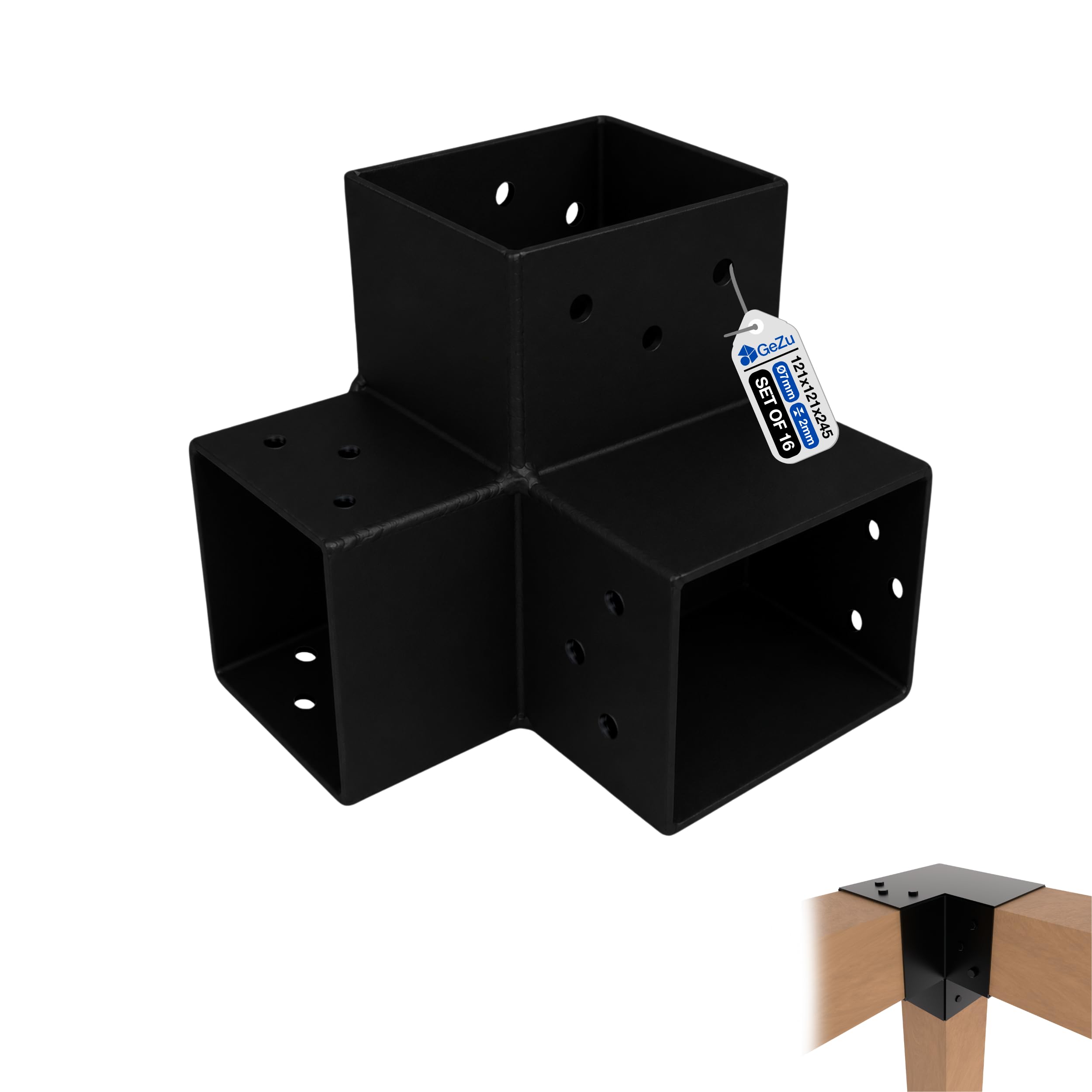 GeZu Impex Connettore per Palo Y 121x121 mm Set di 16 Verniciato a Polvere Nera Pergola Connettore d’Angolo a 3 Vie a 90° Padiglione Fai-da-te Supporto per Lavori Legno