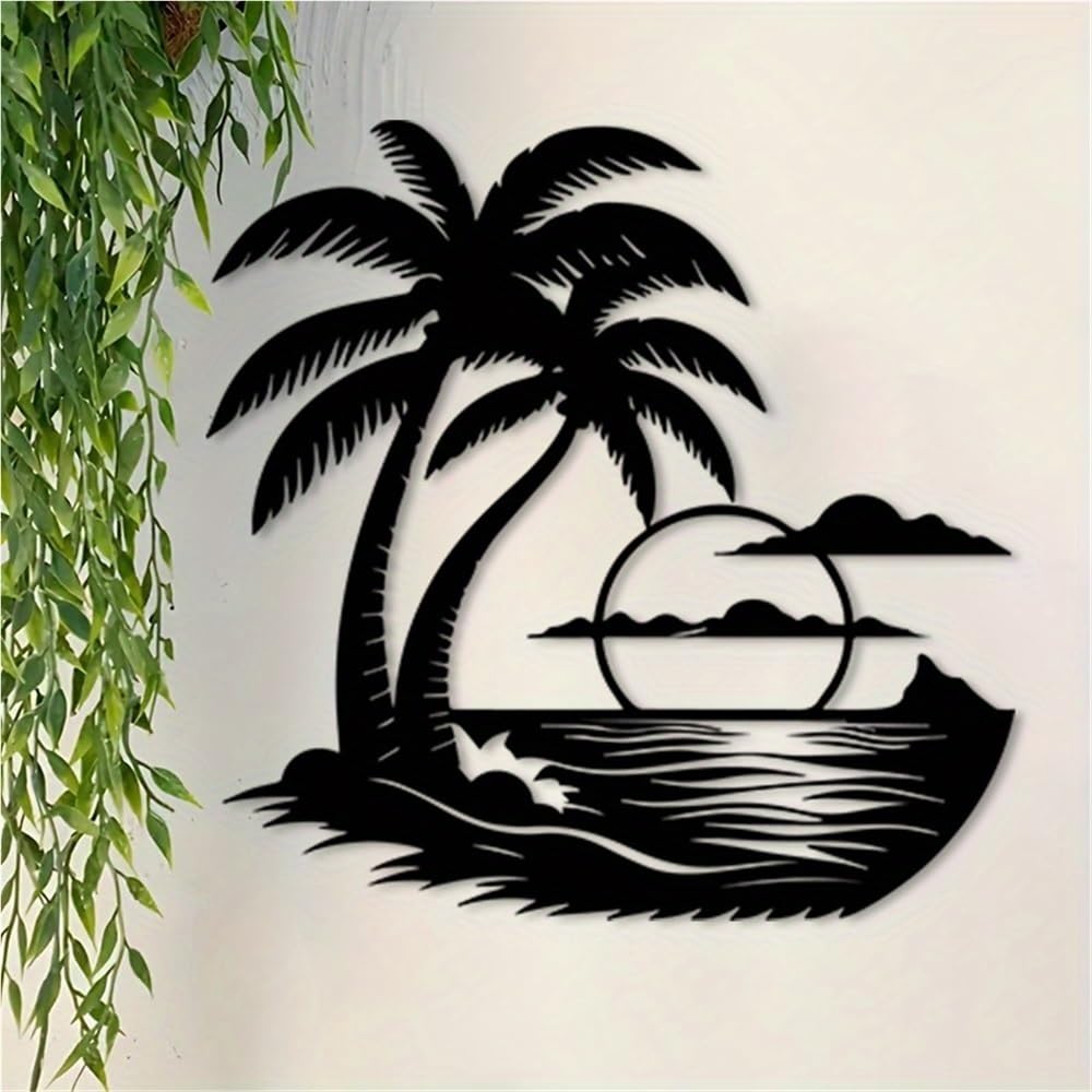 Decoración de pared abstracta contemporánea de metal con palmera marina y amanecer - Resistente a la intemperie para interiores y exteriores, ideal para patio, oficina, Navidad y paisajes de play
