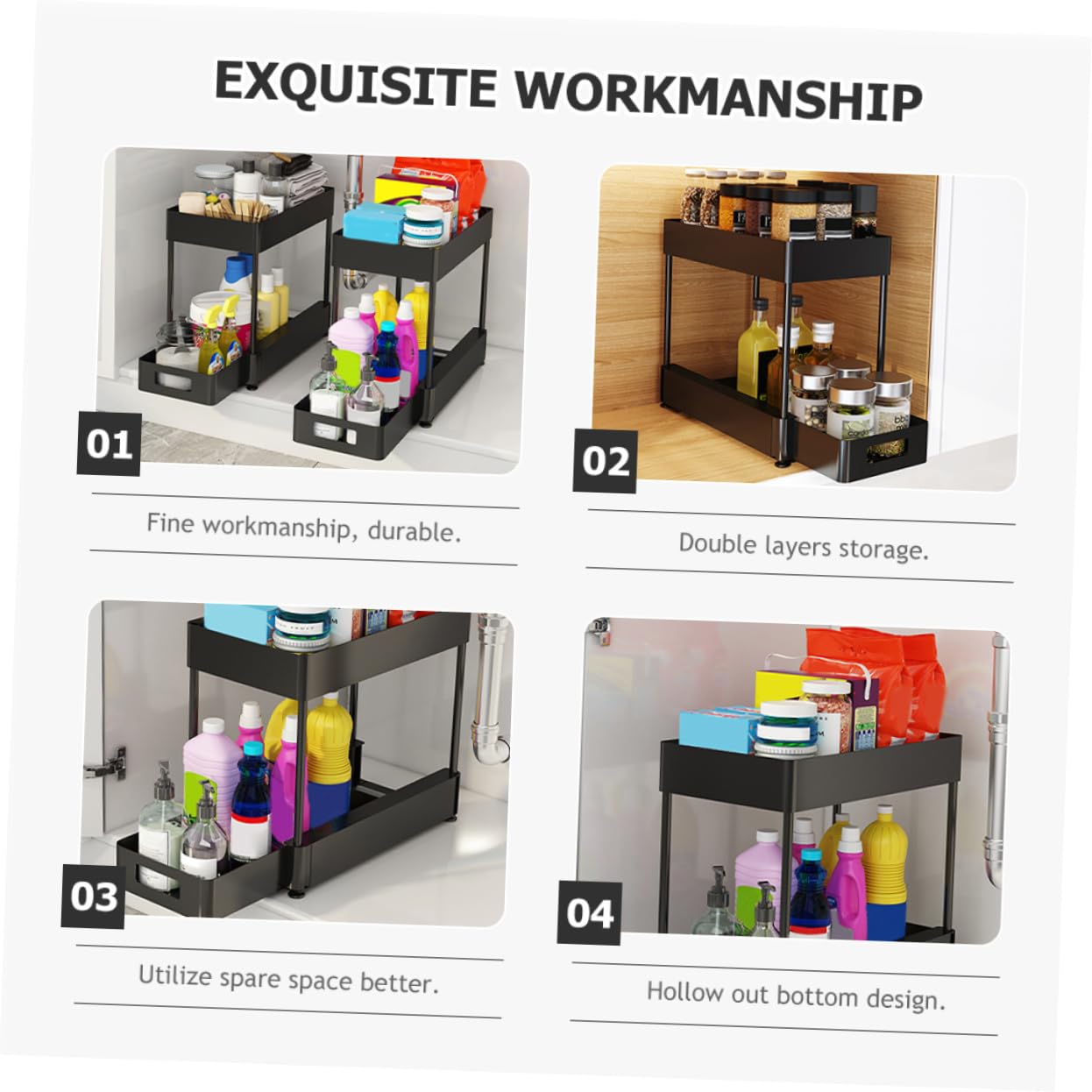 MAGICLULU Organizer Estraibile a 2 Livelli Sottolavello Nero | Acciaio al Carbonio Fondo Cavo Struttura Ventilata Plastica e Bordi Rialzati