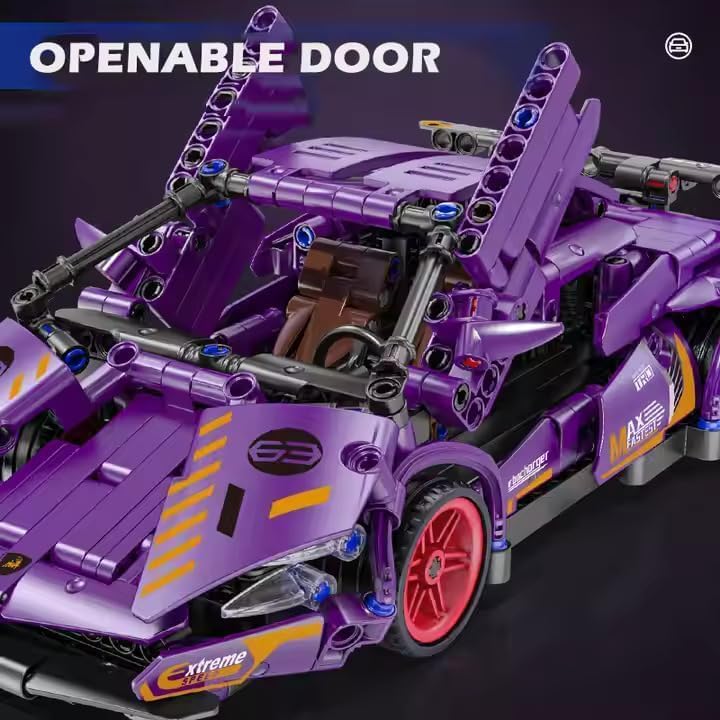 Image of 1:18 Scale Pull Back Racing Car Building Block Set (422-520 PCS) | Creative Assembly Toy for Collectors & Enthusiasts | Compatible Brick Model Kit (Purple Lamboo)