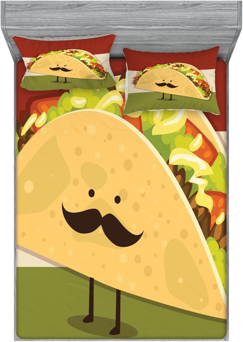Ambesonne Food Fitted Sheet & Pillow Sham Set, Mexican Taco with Mustached Face Rolled with Veggies Humor Comic Art, Decorative Printed 6 Piece Bedding Decor Set, Full, Paprika Green