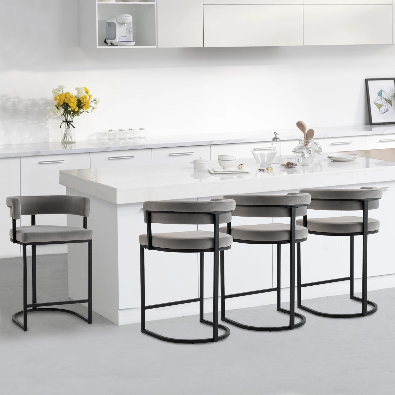 Rongbuk Velvet Bar Stools Set of 4 Grey