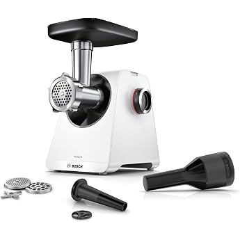 Bosch MultiPower MFWS420W Meat Mincer Series 4 2 Perforated Discs 3/8 mm Stainless Steel Dishwasher Safe Electric Strong Compact 2 Levels Sausage Plug 1900 W White/Black