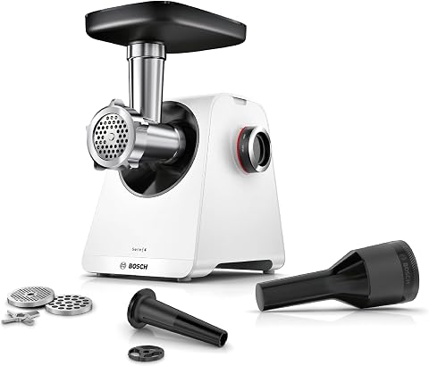 Bosch Fleischwolf Serie 4, 2 Lochscheiben (3 / 8mm) Edelstahl, spülmaschinenfest, elektrisch, stark, kompakt, 2 Stufen, Wurststopfer, 1.900 W, weiß/schwarz, MultiPower MFWS420W