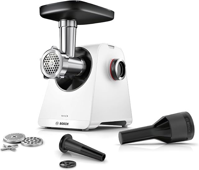 Bosch Fleischwolf Serie 4, 2 Lochscheiben (3 / 8mm) Edelstahl, spülmaschinenfest, elektrisch, stark, kompakt, 2 Stufen, Wurststopfer, 1.900 W, weiß/schwarz, MultiPower MFWS420W