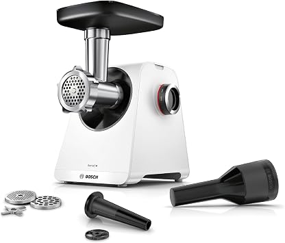 Bosch Fleischwolf Serie 4, 2 Lochscheiben (3 / 8mm) Edelstahl, spülmaschinenfest, elektrisch, stark, kompakt, 2 Stufen, Wurststopfer, 1.900 W, weiß/schwarz, MultiPower MFWS420W