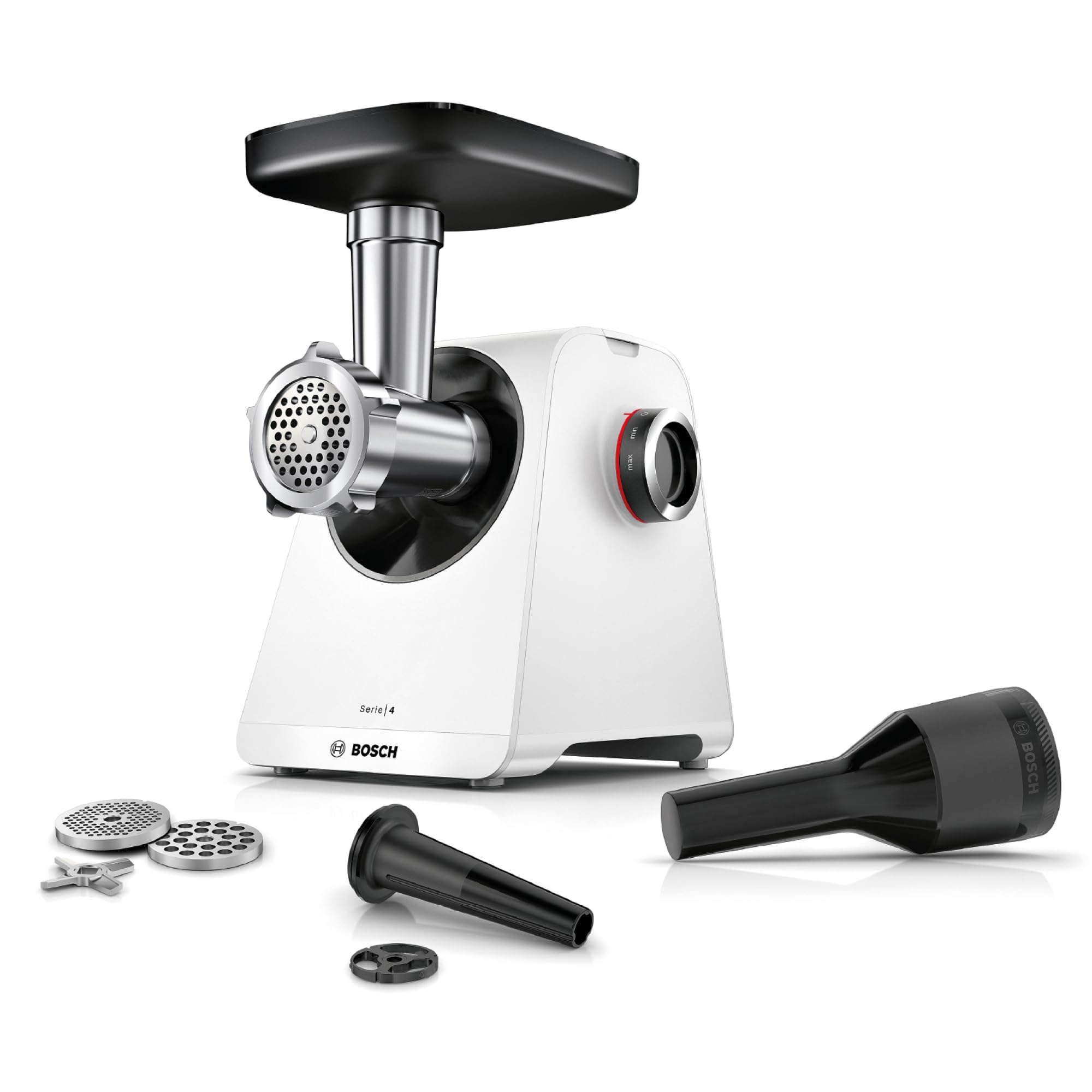Bosch Fleischwolf Serie 4, 2 Lochscheiben (3 / 8mm) Edelstahl, spülmaschinenfest, elektrisch, stark, kompakt, 2 Stufen, Wurststopfer, 1.900 W, weiß/schwarz, MultiPower MFWS420W