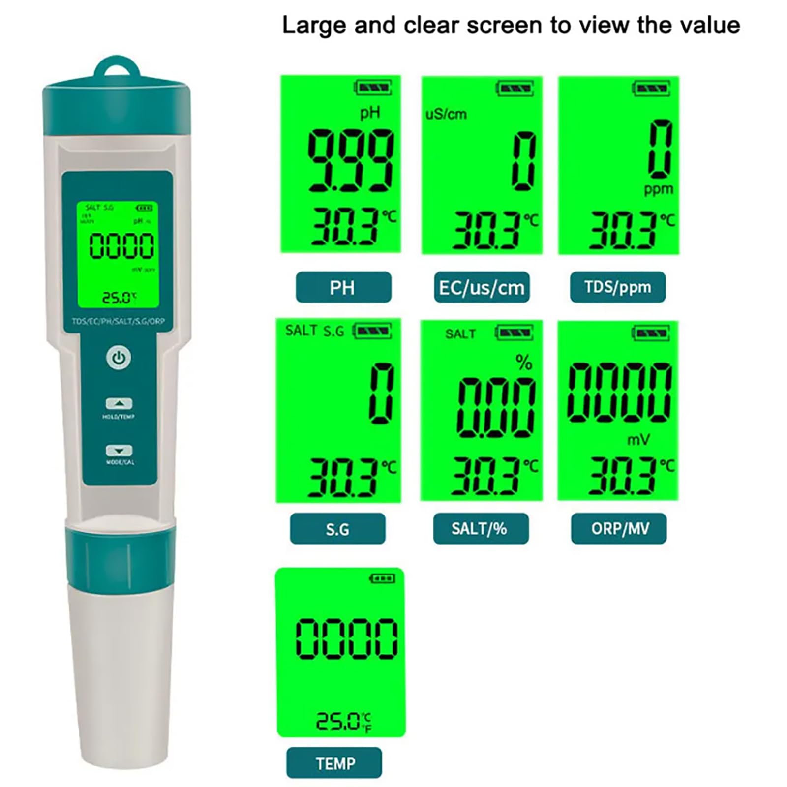 ERICAT 7 En 1 PH/ORP/EC/Salt/S.G/TDS/Temp Tester, Monitor De Calidad del Agua con Retroiluminación LCD, Resolución De 0,01 Y Rango De Medición De PH 0-14, Batería Extraíble, para Acuario