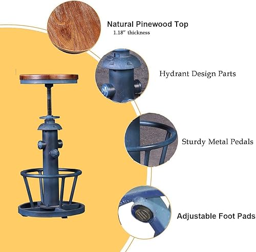 Miniatura 5 de Taburete de bar retro industrial giratorio para isla de cocina, 24.8-30.7 pulgadas, altura ajustable, diseño vintage de boca de incendios, taburetes