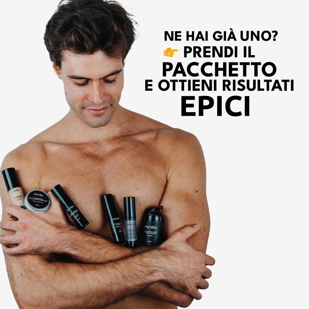 FETEN Set 360 Cura Viso Uomo – Kit Regalo Uomo 4 in 1 con Esfoliante, Siero Antiage con Vitamina C, Crema Idratante e Contorno Occhi Antiocchiaie