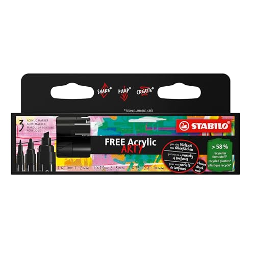 STABILO FREE - Acrylic Marker - ARTY - Mix-Tip Set - Pack of 3 - Black