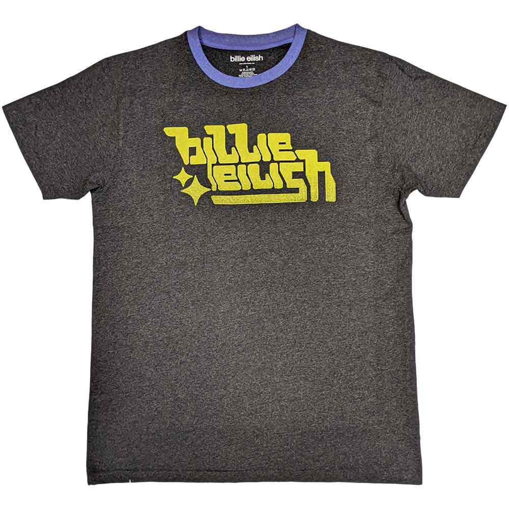 Billie Eilish - Unisex Ringer T-Shirt - Neon Green Logo - Grey - Cotton