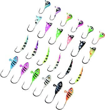 BASSDASH Ice Fishing Lure Kit Glowing Paint Jigs for Winter Ice Jigging Crappie Sunfish Perch Walleye Pike with Tackle Box   
