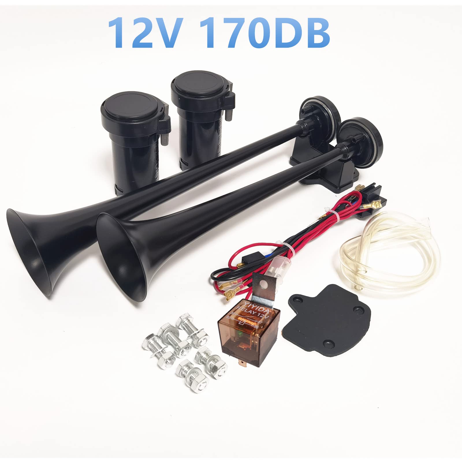 Autohupe Car Horn Lufthorn 12V Air Horn12V Schiffshupe mit hohem und niedrigem Ton 170db Drucklufthorn Schwarze LKW-Hupe Autolautsprecher mit Luftpumpe Trompete für 12V Wagen LKW Schiff etc