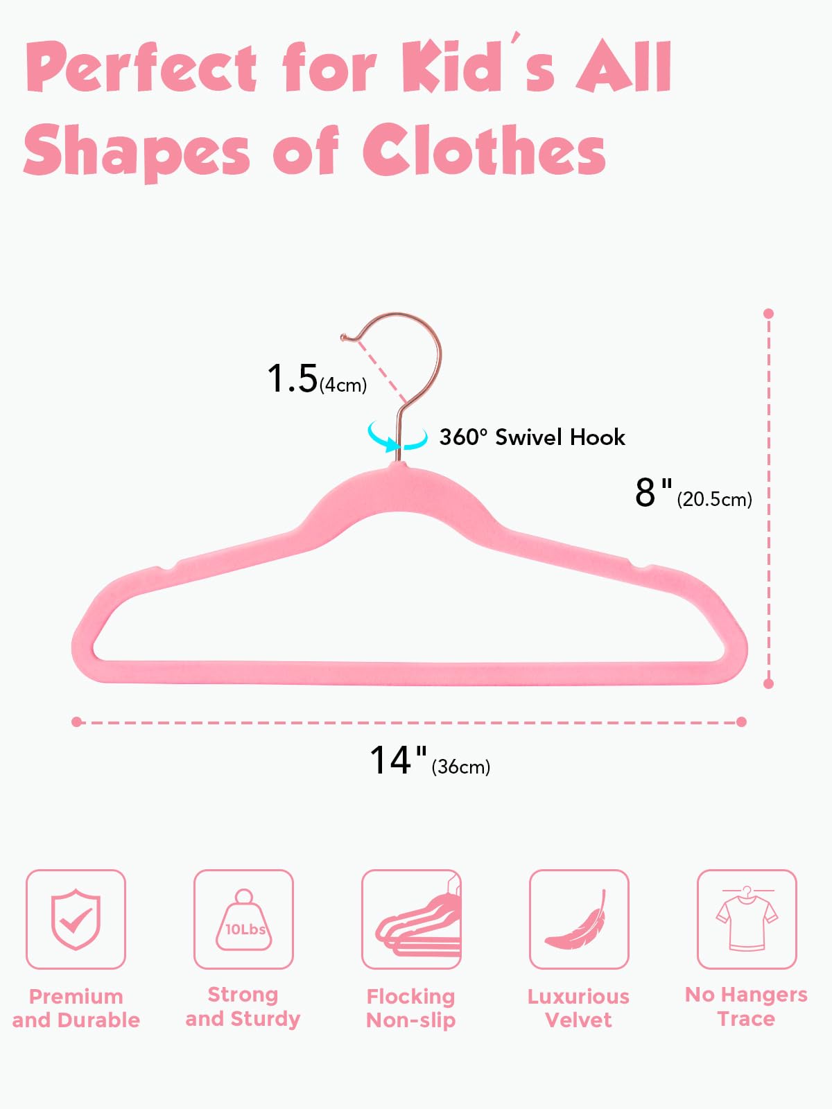 Smartor Perchas de terciopelo para niños, paquete de 50 perchas de fieltro antideslizantes de 14 pulgadas para armario, ahorro de espacio, para ropa de niños pequeños (gancho dorado rosa) - Rosa