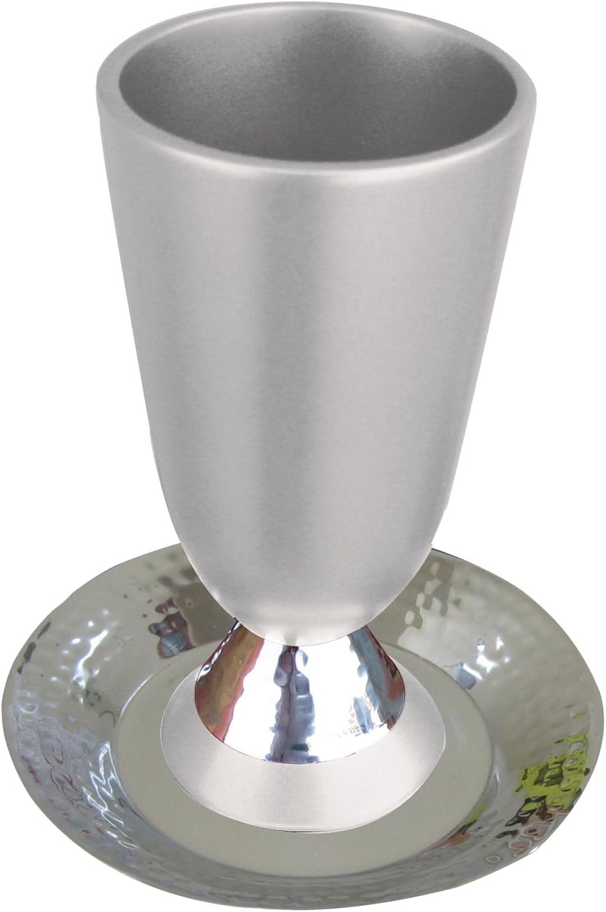 Silver Anodized Aluminum Kiddush Cup/Hammered Design with Silver Coaster