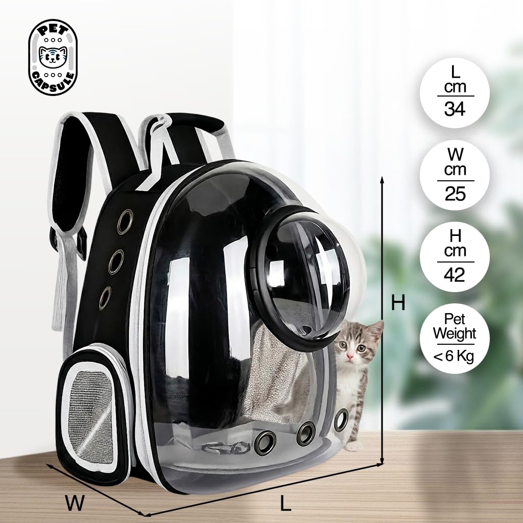 Mochila Transportín Gato y Perro Pequeño hasta 6 kg – Transportín Gatos Cápsula con Ventana Transparente y Cúpula Perforada – Mochila para Gatos Medidas Cabina Avión, Ventilación