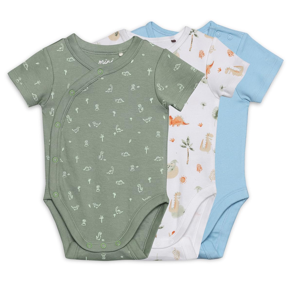 MINI CUDDLES Baby Boys 3pk Dinosaur Print Bodysuits, Multicolour (0-3M)