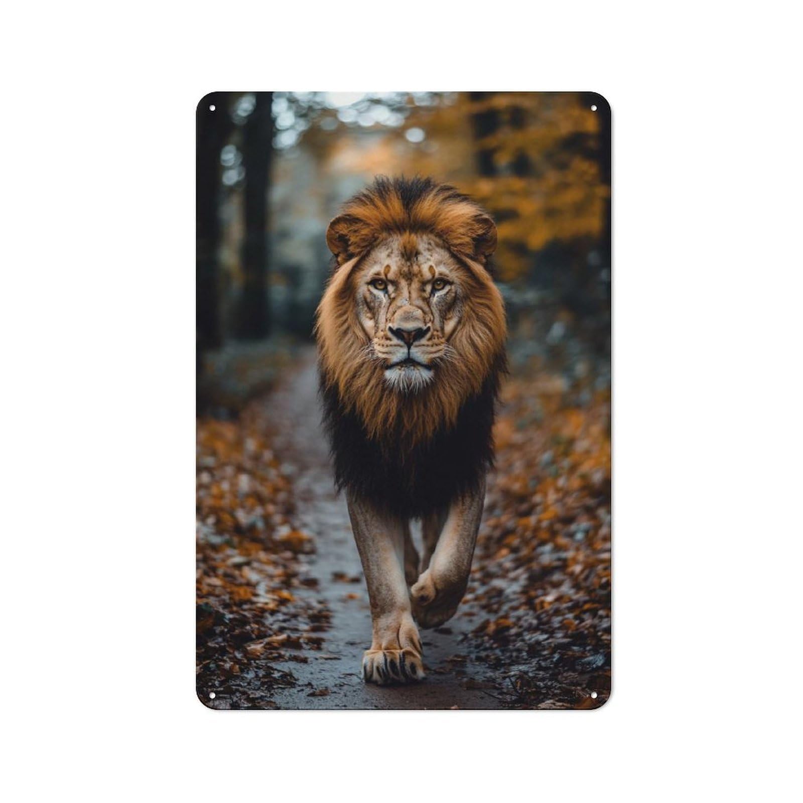 Junmoney Style-21 Tin Wall Plaque 30X20cm With Majestic Lion Walking Through Autumn Forest For Man Cave Or Games Room, For Vintage Wall Decor Fans, For Themed Room Decoration