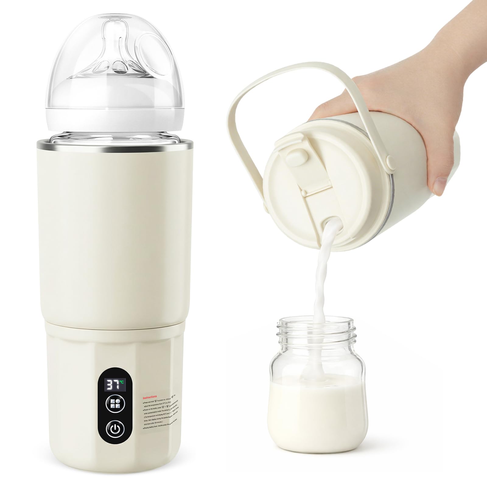 Tragbarer Flaschenwärmer - 2-in-1 Babyflaschenwärmer Schnelles Aufheizen Muttermilch und Wasser, Pasteurisierung, 24 Stunden konstante Temperatur für den Ganzen Tag (Beige) - 2