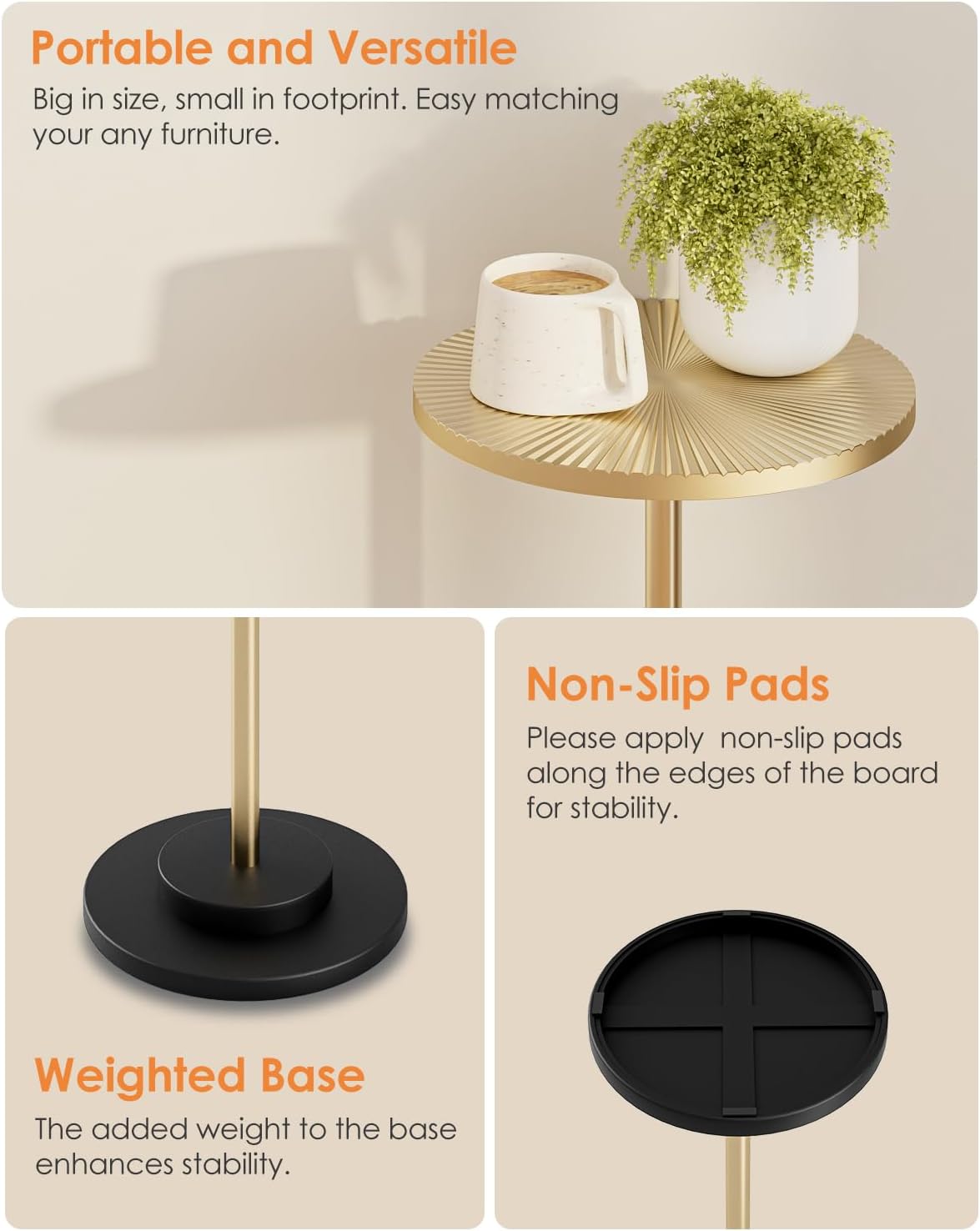 Round Side Table, Small Drink Table for Small Spaces, Modern Accent End Table with Metal Leg for Living Room, Bedroom, Corners, and Office (Gold)