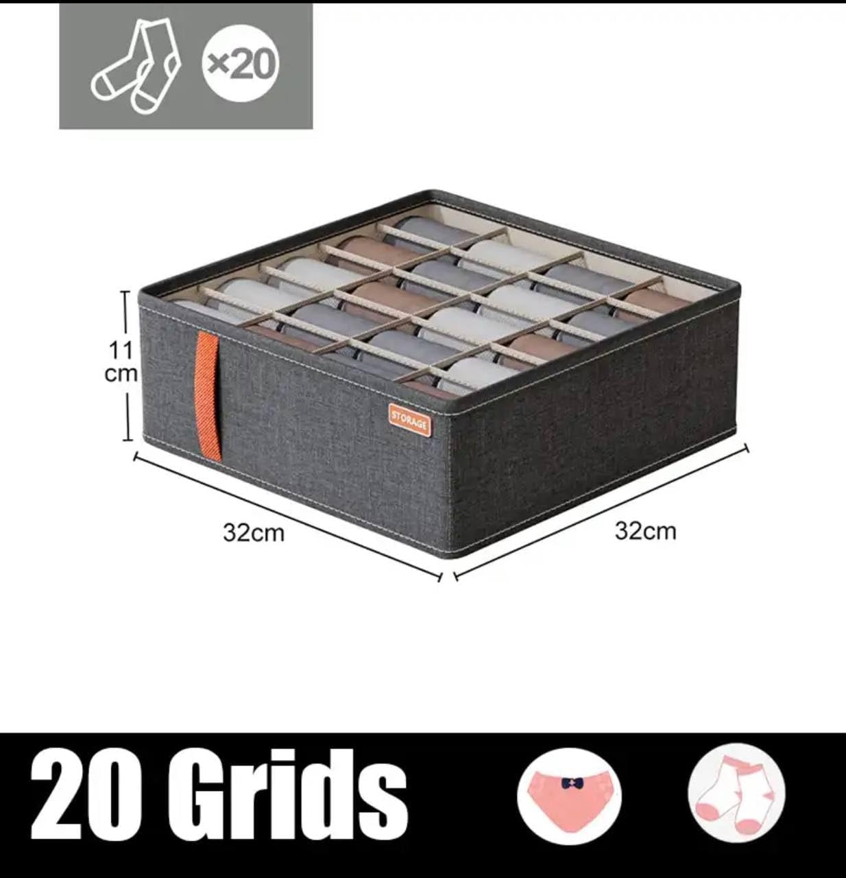 Sock Drawer Organizer with 20 Grids – Foldable Fabric Storage Box for Closet & Dresser, Dark Grey