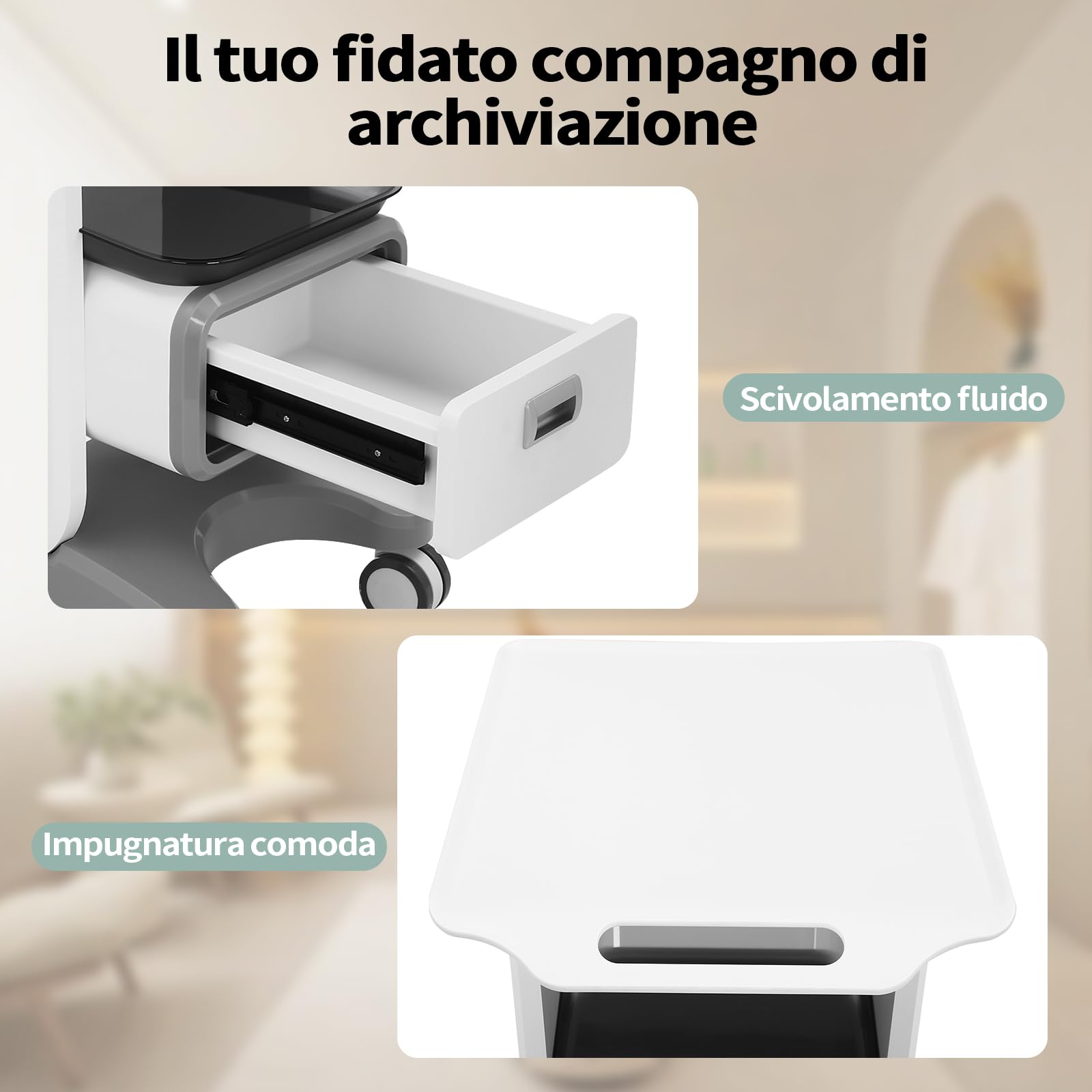 Carrelli da laboratorio a 2 livelli, carrello medico con 1 cassetto, 1 vassoio superiore e 4 ruote silenziose, carrello medico mobile con materiale ABS per laboratorio, clinica, ospedale, bianco