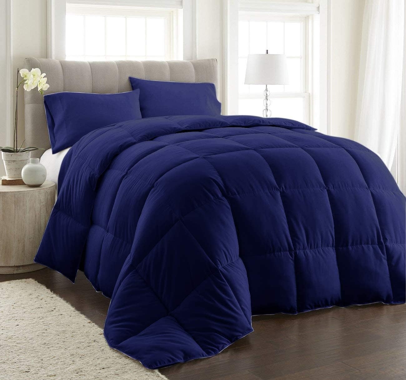 3 PC Box Stitched Corner Tabs Comforter Set, Cal-King/King -White 100% Natural Cotton Solid All Season Ultra Soft Down Alternative Lightweight Bedding Duvet Insert Quilted 500 GSM Fill Power