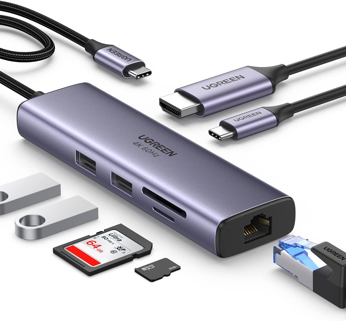 UGREEN Revodok 107 USB C Hub 7-in-1 USB3.0 Hub 4K@60Hz HDMI Output 100W PD Fast Charging Type-C Adapter 2*USB 3.0 Ports 4K HDMI 100W Power Delivery Gigabit Ethernet LAN Port SD/MicroSD Card Reader