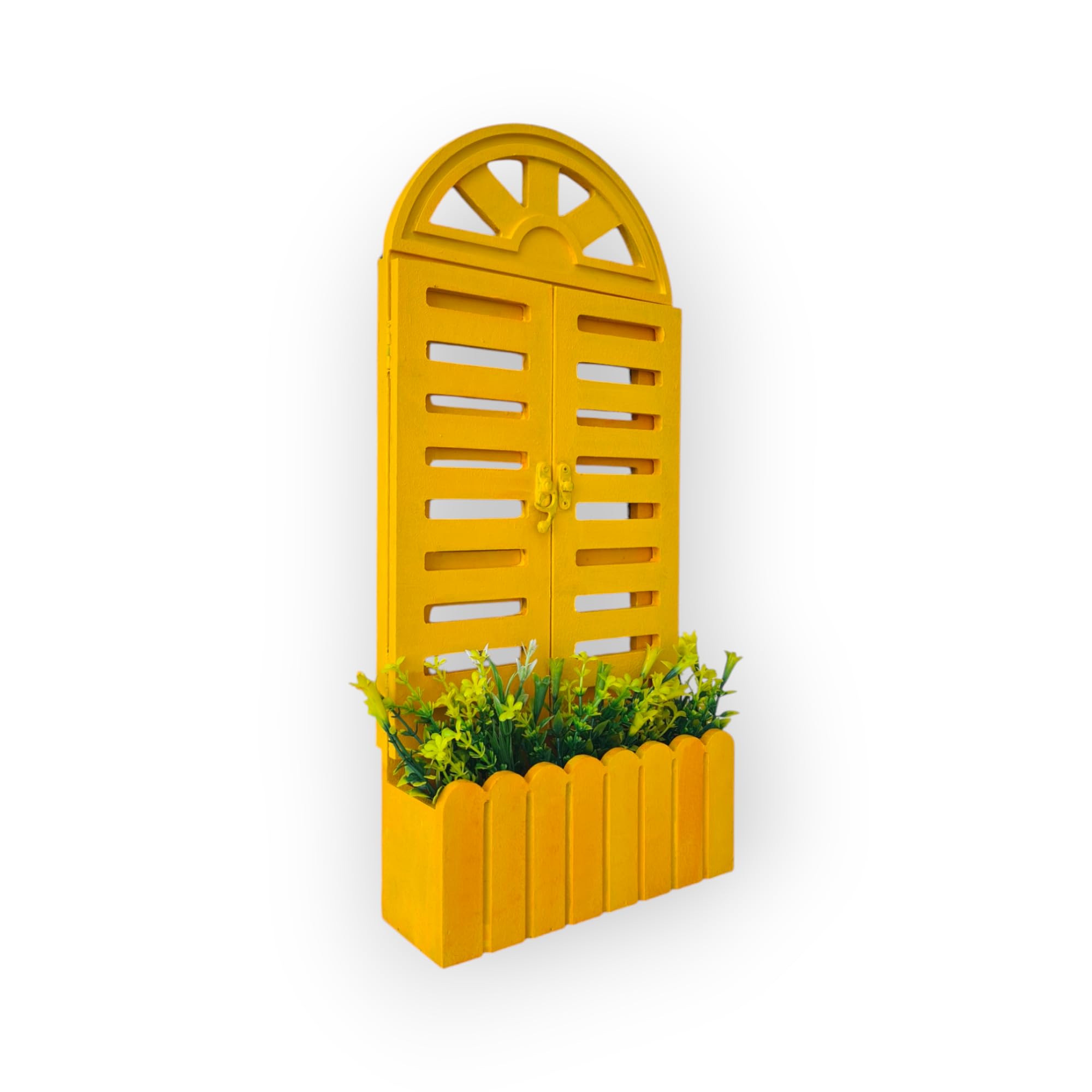 Wooden Handpainted Tall Arched Shape Wall Planter Window Frame Decoration Flower Basket Wall Hanging, Height 22 inch Tall (Yellow), Pack of1-image-35