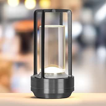 Rechargeable Cordless LED Lamp, Portable Metal Table Lamp for Indoor/Outdoor , 3-Colour Infinitely Dimming Battery Powered Small Desk Lamp, Restaurant/Bedroom/Bar/Camping Light (Grey)