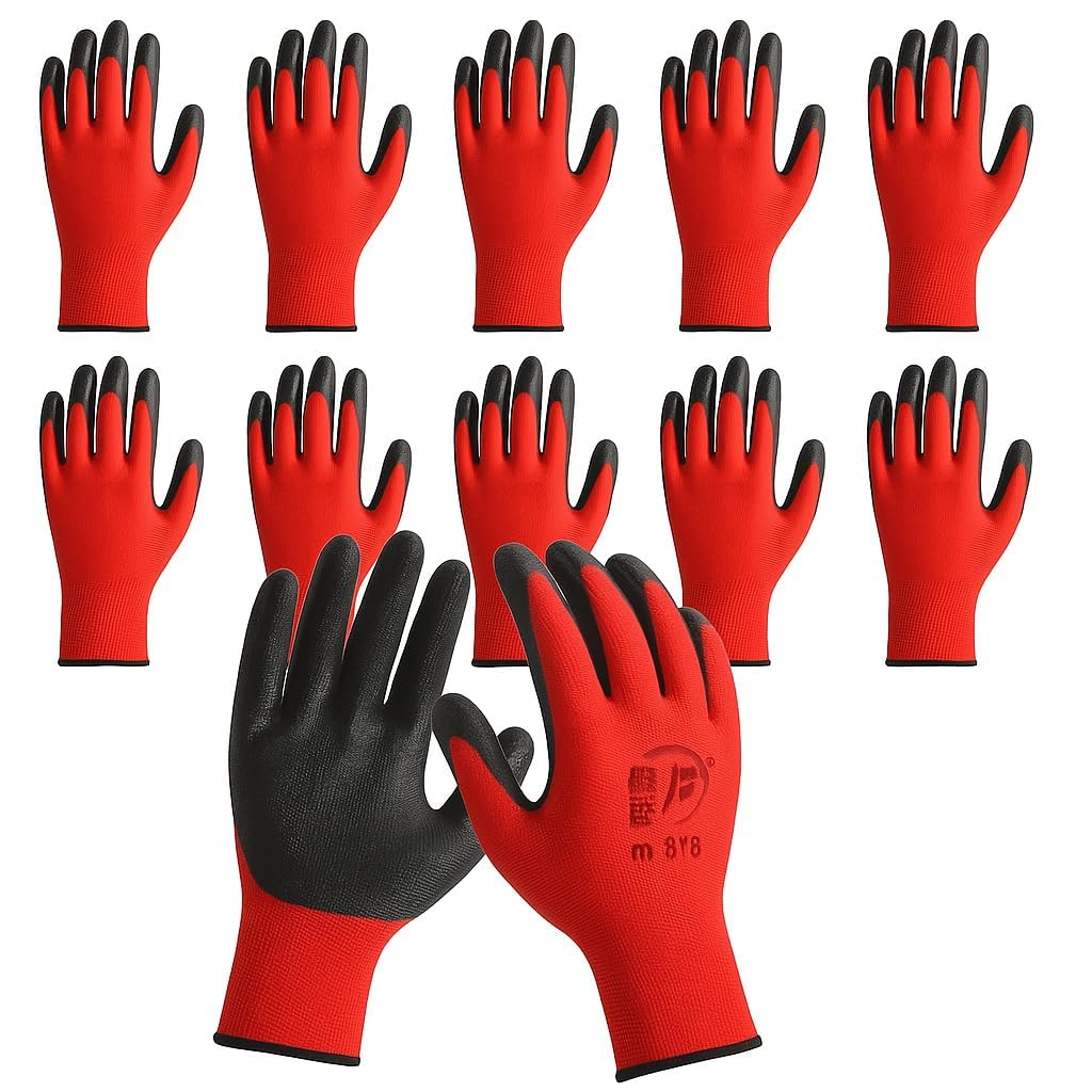 Ruiyang 12 Pairs Red And Black Worker Gloves Handling Safety Work Gloves General handling, Builders Construction, Engineering, Maintenance, Material Handling, Packing Warehouse (12 Pairs Red, XL)
