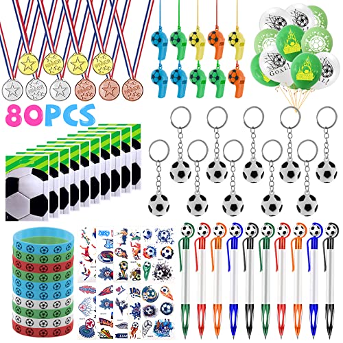 80pcs Artículos de Fiesta Fútbol Cumpleaños, Piñata Futbol Regalos para Niños Futbolistas con Globo, Llavero, Pulsera de silicona, Silbato, Medallas, Tatuaje, Bolígrafo, Bolsas de Regalo