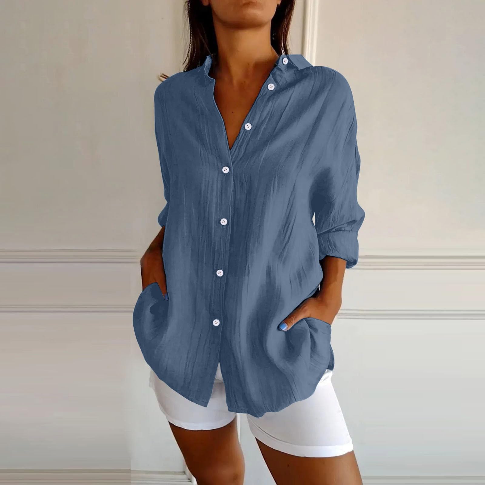 Chemises boutonnées en lin pour femme 2026 à revers d'été tendance à col classique en gaze vêtements décontractés en mousseline vêtements petit ami à manches longues coupe ample tunique pour femme