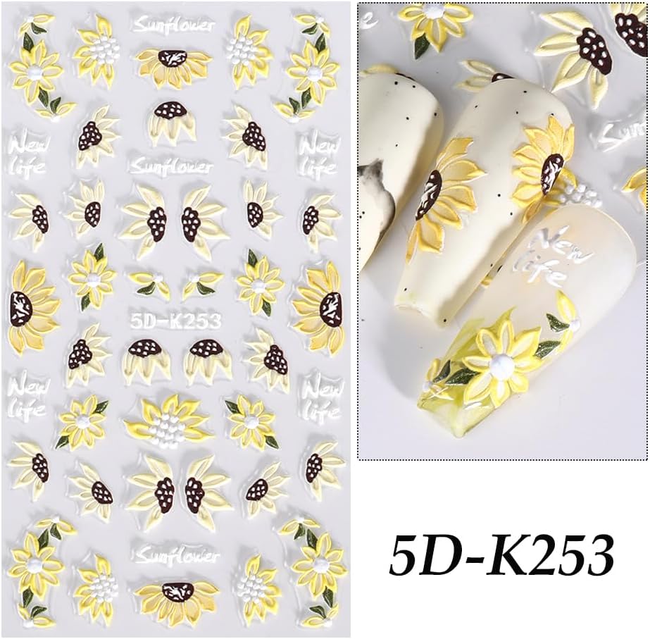 Miniatura 2 de Calcomanías de arte de uñas en relieve 5D, girasoles, calcomanías autoadhesivas con diseño de flores, decoración de uñas acrílicas para mujeresniñas