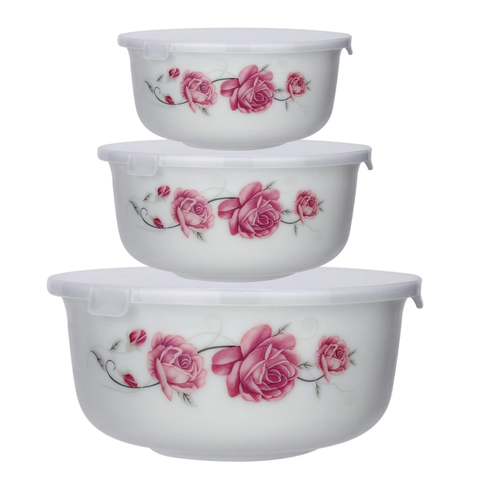 TriStar Enterprises Glass Bowls with Lids White Set of 3 Opal Serving Storage Bowl Nesting Salad Food Stackable for Meal Prep Leftovers Baking Cooking Kitchen, Microwave Dishwasher Safe (Pink Floral)