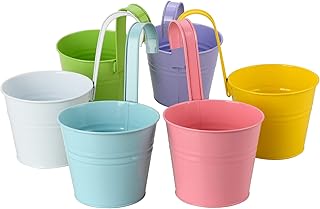 MISNODE Vasos de flores pendurados, 6 peças de vasos de metal para vasos de jardim, suportes de flores com gancho destacável, orifício de drenagem, cerca para pendurar, conjunto de suportes de plantas para ambientes internos e externos