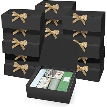 LATERN Pack of 15 Gift Boxes with Lid 25 cm x 20 cm x 10 cm Black Kraft Paper Gift Box Bridesmaids Proposal Box with Gold Ribbon for Wedding Birthday Christmas Party Packaging Present