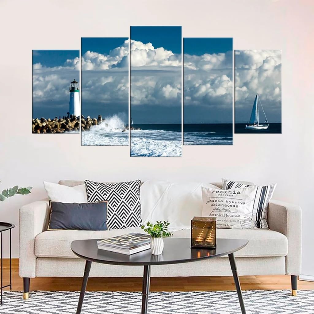 Tableau Decoration Murale Mer et Phare 5 Pieces pour Maison