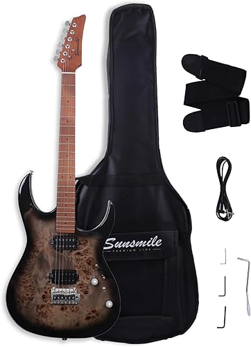 Sunsmile Guitarra eléctrica de tamaño completo con parte superior de álamo, cuerpo de caoba, cuello de arce asado y diapasón, construcción