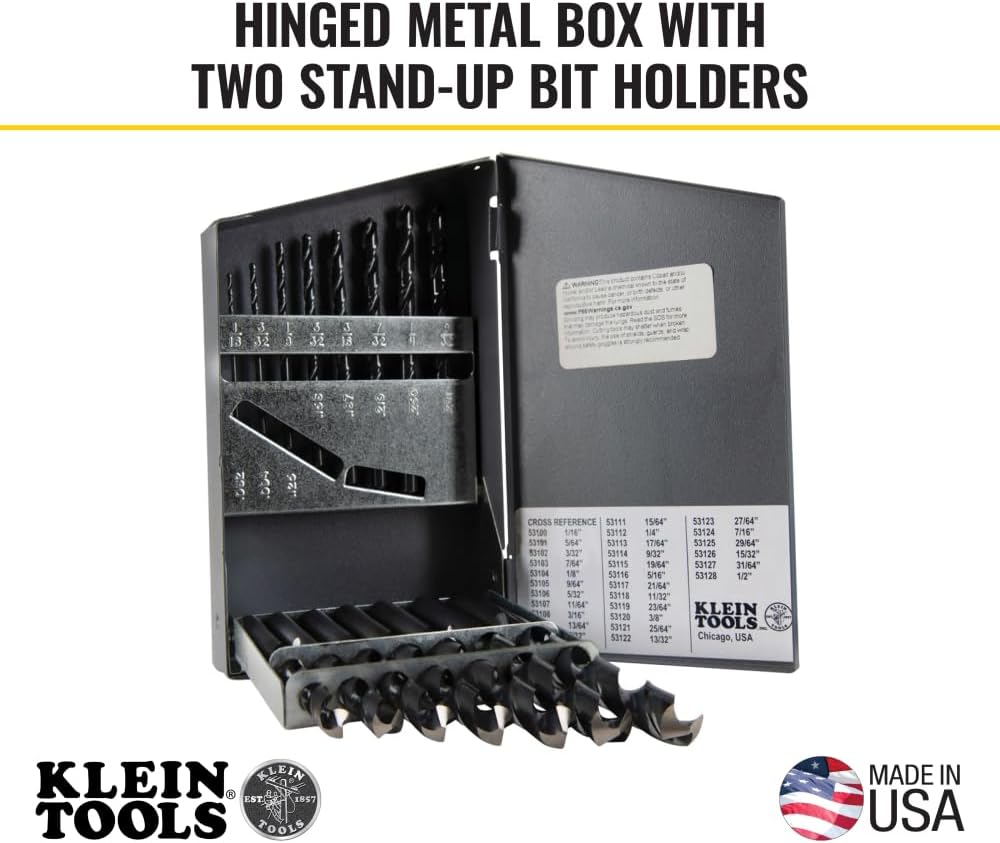 Klein Tools 53001 Regular-Point Drill-Bit Set, 15-Piece, Made in USA