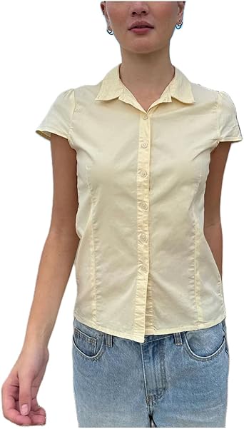 Women Y2k Short Sleeve Button Down Shirts Casual V Neck Button Up Top Vintage Slim Fit Collared Going Out Blouse